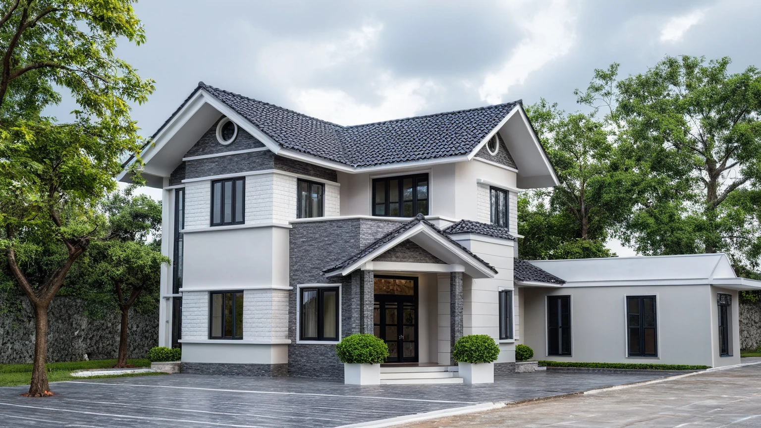 (bright image), A double story modern style house in the middle of Vietnam, (dark grnite tiled wall),(classic detail), simple and elegant architecture with white walls on top half and grey tiles roof, large windows with, entrance door is white with arched shape, bonsai trees, wide tile stone courtyard, professional photography, daylight, natural light, high resolution photography, (best quality, ultra realistic, masterpiece:1.15)