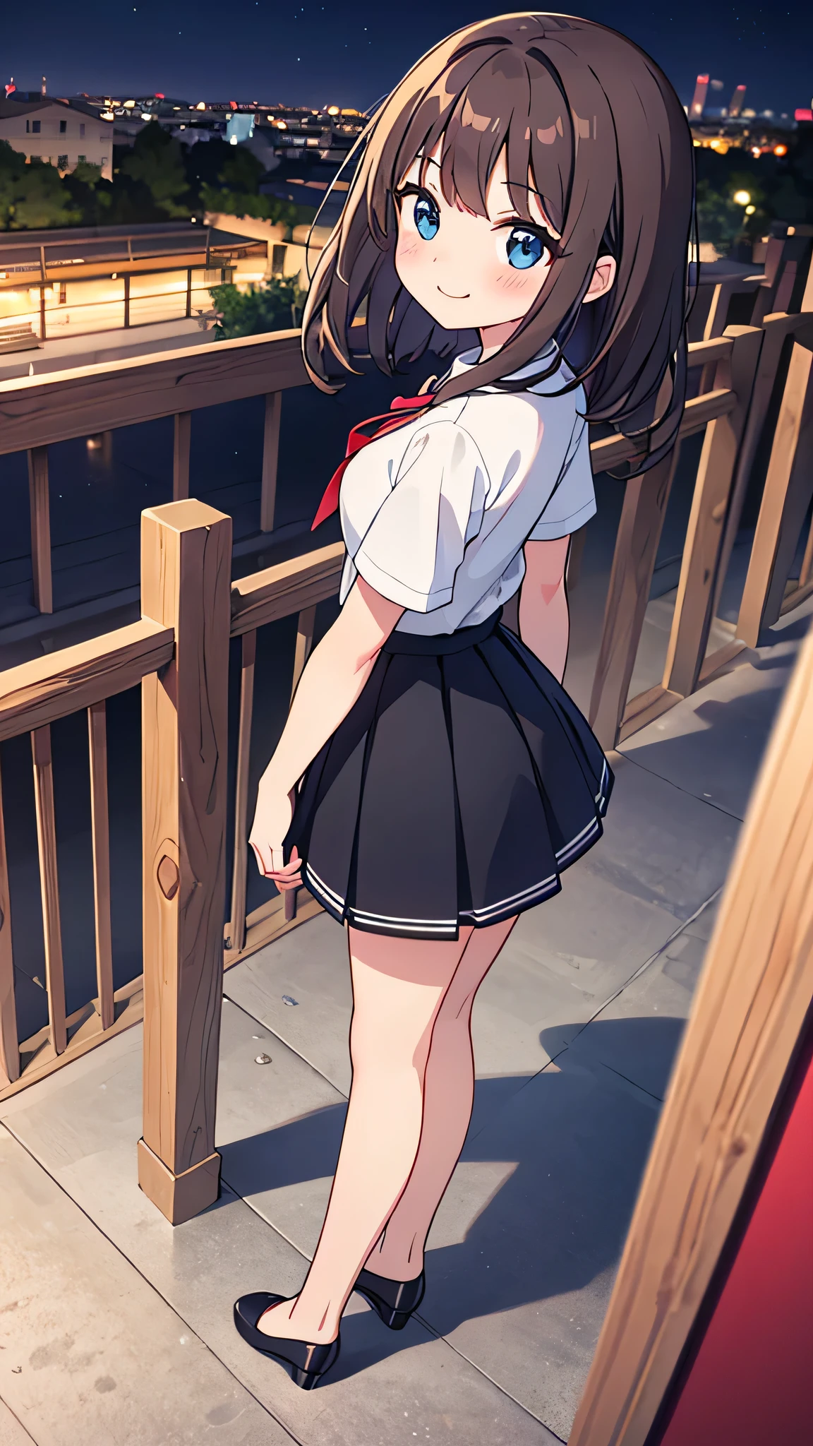 {Highest quality}, {Super beautiful},{Ultra fine},{Best illustration},Brown Hair,Hime cut,semi-long,Bangs,Standing Woman,Uniform cap,White Shirt,Short sleeve,Long black skirt,Night Park,Embarrassed,smilingly,Blushing,Slender women, A woman wearing plain black pumps,Bare feet and pumps,From an angle,From above