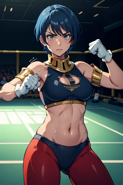 (best quality,masterpiece,ultra highres,cel anime,8k:1.2),(1man:1.5),1mature woman in(short blue haired,30years old), BREAK (in the ruins:1.3),(abs:0.8), BREAK (blue leotard in red line:1.2), BREAK (red yoga pants:1.4), BREAK (white gloves:1.4), BREAK (navel cutout:1.5),(sweat:1.2),(sholder bare), BREAK (selious, scowl:1.2),(motion blur),(fighting stance:1.3),(punching,rushpunch:1.4),