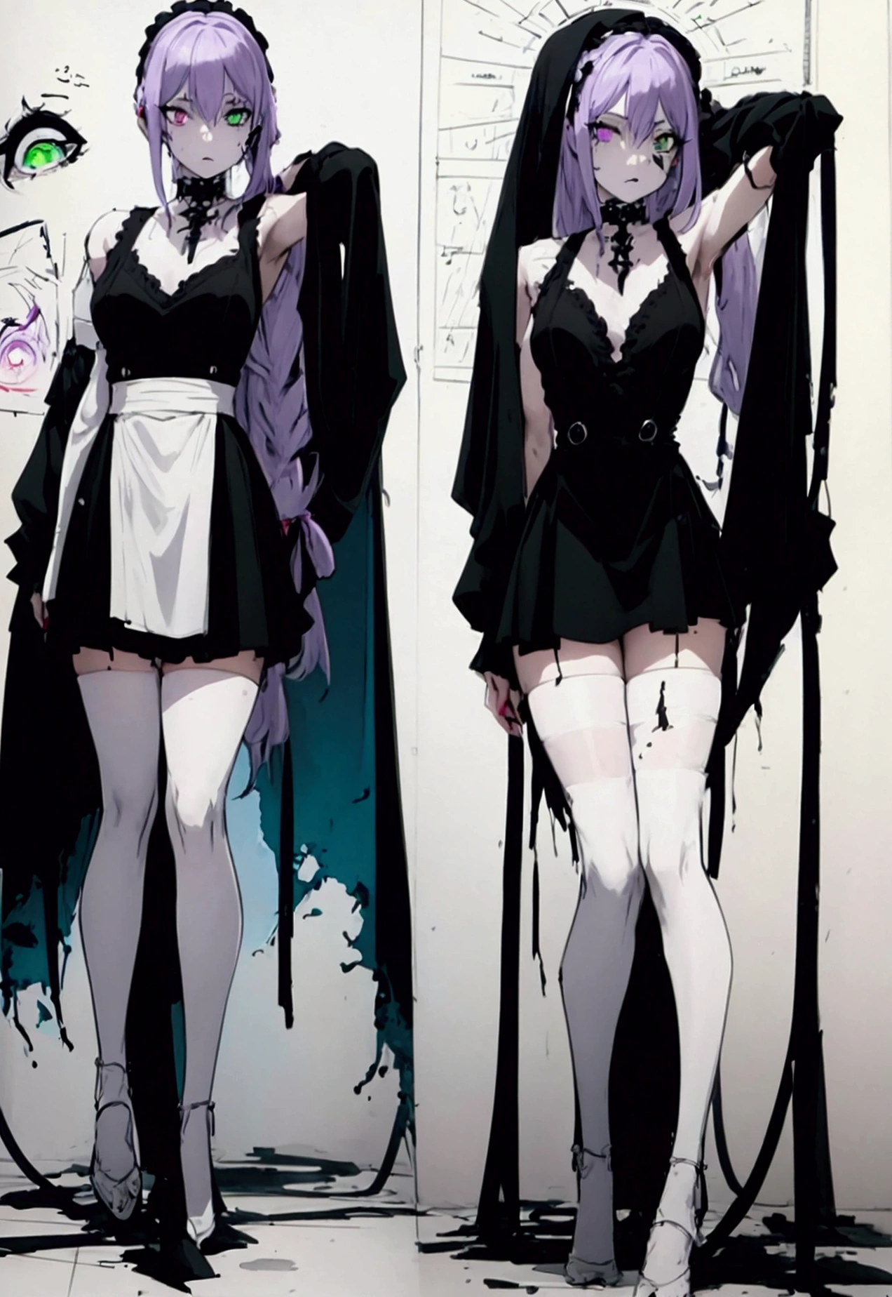 sketch (Character design sheet, same characters, whole body, Three-View, front, ~ ~ ~ ~ side, return),(Very bright:1.1), Sunset background, [1 Girl:7], (Tilt your head:1.2), ([sketch|watercolor \(Moderate\)]:1.15),Chaotic Abstractionな背景, Vector Trace, グラデーションブレンディング and whole body, Artistic elements add depth to the work. The overall atmosphere is creepy and nightmarish...., With a unique artistic touch. This movie is、The dark and crazy world of horror movies depicted in HD., Evoke visual stimuli and aesthetic sense, that will terrify and excite the audience....,watercolor画, （Lightless, Eyes without highlights, evil eye, An ugly person with white eyes, that&#39;Red eyeliner）,whole body絵, Wearing a maid outfit （Gradient braided hair, (Light purple hair), (Ink blotches:1.1), (pale:1.2),(Light purple:1.2),(Light green:1.2)　Adult features,expensive, Wearing black tights,Green Eyes, The skin is hidden　and maid, The background is a dark and desolate landscape, Horror movie atmosphere. Her figure is very beautiful, Emphasizing the dark and crazy elements. Skillfully expressing the effects of light and shadow, detailed, The face and expression of the black costume are also carefully drawn....,sketch (Character design sheet, same characters, whole body, Three-View, front, ~ ~ ~ ~ side, return) 1 female, Nervous,Cowboy Shot,,(Very bright:1.1), White Background, [1 Girl:7], (Tilt your head:1.2), ([sketch|watercolor \(Moderate\)]:1.15),Chaotic Abstraction