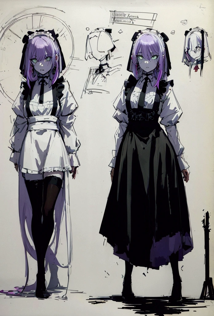 sketch (Character design sheet, same characters, whole body, Three-View, front, ~ ~ ~ ~ side, return),(Very bright:1.1), Sunset background, [1 Girl:7], (Tilt your head:1.2), ([sketch|watercolor \(Moderate\)]:1.15),Chaotic Abstractionな背景, Vector Trace, グラデーションブレンディング and whole body, Artistic elements add depth to the work. The overall atmosphere is creepy and nightmarish...., With a unique artistic touch. This movie is、The dark and crazy world of horror movies depicted in HD., Evoke visual stimuli and aesthetic sense, that will terrify and excite the audience....,watercolor画, （Lightless, Eyes without highlights, evil eye, An ugly person with white eyes, that&#39;Red eyeliner）,whole body絵, Wearing a maid outfit （Gradient braided hair, (Light purple hair), (Ink blotches:1.1), (pale:1.2),(Light purple:1.2),(Light green:1.2)　Adult features,expensive, Wearing black tights,Green Eyes, The skin is hidden　and maid, The background is a dark and desolate landscape, Horror movie atmosphere. Her figure is very beautiful, Emphasizing the dark and crazy elements. Skillfully expressing the effects of light and shadow, detailed, The face and expression of the black costume are also carefully drawn....,sketch (Character design sheet, same characters, whole body, Three-View, front, ~ ~ ~ ~ side, return) 1 female, Nervous,Cowboy Shot,,(Very bright:1.1), White Background, [1 Girl:7], (Tilt your head:1.2), ([sketch|watercolor \(Moderate\)]:1.15),Chaotic Abstraction