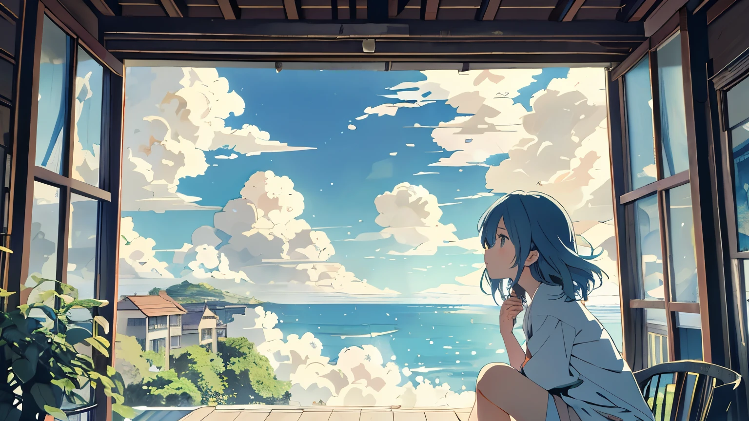 ((style:Colored pencil,pale colour)),(anime)、(masterpiece:1.2),Large cumulus clouds visible from the room、Summer sky、(Girl sitting and looking outside)、A large depiction of blue sky、Summer landscape、Old house near the sea、(Hair blowing in the wind)、Light effects