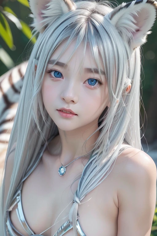 10-year-old girl、Baby Face、classmate、whole body、Small breasts、naked, Small breasts、Pink nipples、smile、bangs、Long Hair、(White Tiger、Fox Ears、Silver Hair、Crystal clear hair、Smooth Hair:1.5)、Put your hands out in front of you、The light shines on my hair、Light Hair、Silky Hair、Shiny Hair、the body is slim、RAW Photos, (Highest quality、masterpiece、Realistic photos:1.2)、Dramatic lighting、Bright lighting、Very detailed、Realistic skin texture、Beautiful eyes in every detail、Blue colored eyes、Ice Country、Rime on trees、Arctic、(Detailed Background、Written boundary depth:1.2)、