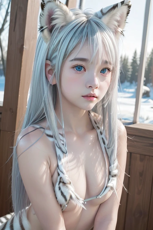 、Baby Face、classmate、whole body、Small breasts、naked, Small breasts、Pink nipples、smile、bangs、Long Hair、(White Tiger、Fox Ears、Silver Hair、Crystal clear hair、Smooth Hair:1.5)、Put your hands out in front of you、The light shines on my hair、Light Hair、Silky Hair、Shiny Hair、the body is slim、RAW Photos, (Highest quality、masterpiece、Realistic photos:1.2)、Dramatic lighting、Bright lighting、Very detailed、Realistic skin texture、Beautiful eyes in every detail、Blue colored eyes、Ice Country、Rime on trees、Arctic、(Detailed Background、Written boundary depth:1.2)、