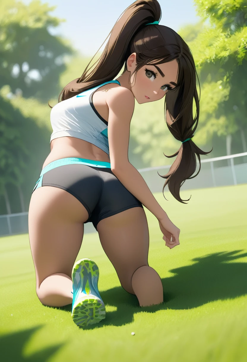Make a brunette girl on the grass  in Nike pro shorts