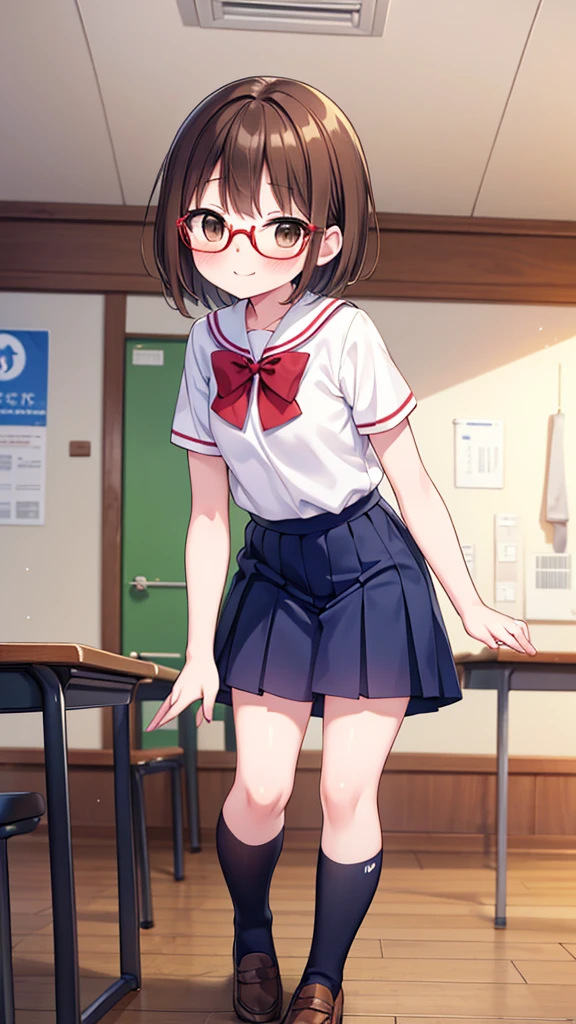 Cutesy、Comical movement、nichijo style、smile、mischief、lure、Expectations、surprise、Shyness、School、classroom、Daytime、Cute girl , Shooting from below, One Girl, Brown Hair、Very short hair, Brown eyes、Red frame glasses、White short sleeve blouse, Navy Blue Skirt, Navy blue socks, Brown Loafers,Highest quality, 4K, 8k, High resolution, masterpiece:1.2, Very detailed, Realistic, photoRealistic, photo-Realistic:1.37, High resolution, 超High resolution, Studio Lighting, Ultra-fine painting, Sharp focus, Physically Based Rendering, Very detailed説明, Professional, Vibrant colors, Bokeh