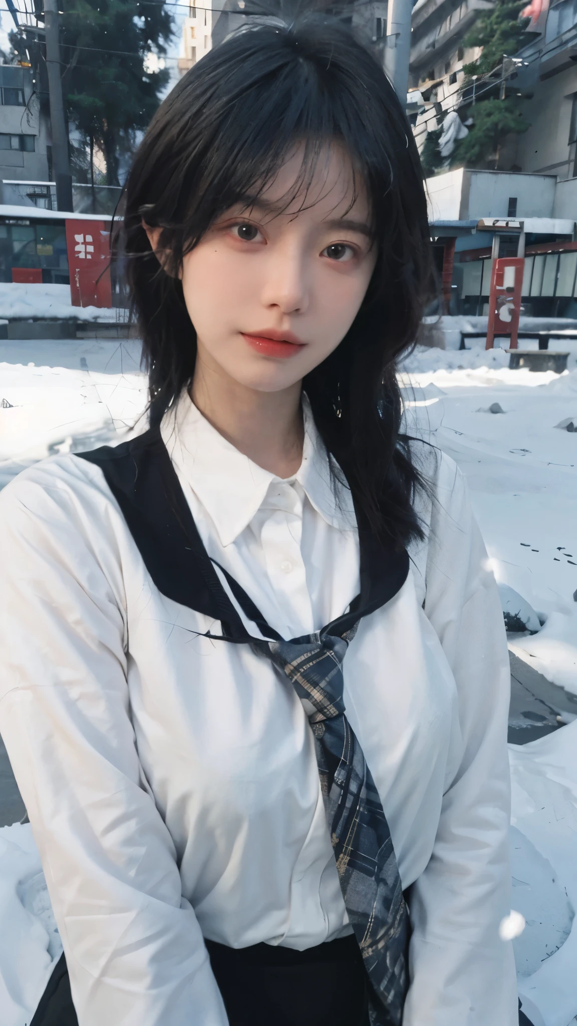 Best quality,masterpiece,Ultra-high resolution,snow,16K,Snow background,(Photo Realism:1.4),1 Girl,JK,Sexy,(Shirt and Tie:1.2),(Big breasts:1.3),(Upper body:1.4)