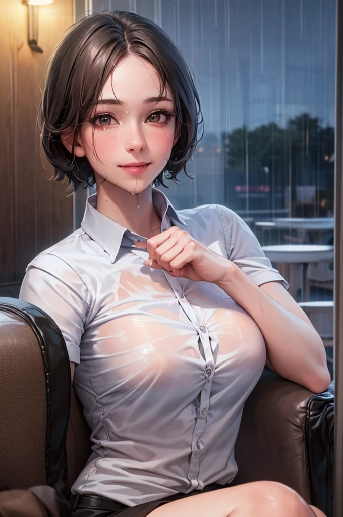 (8k, Highest quality, masterpiece: 1.2), (Realistic, Realistic: 1.37), Very detailed, 1 girl, cute, alone, Beautifully detailed skies, Detailed Cafe, night, Sitting, date, ( Red nose), (smile: 1.15), (Close your mouth) Small breasts, Beautiful details, (Collared shirt: 1.1), night, Wet, Business Wear, rain, White lace, (short hair: 1.2), Floating Hair NovaFrogStyle,