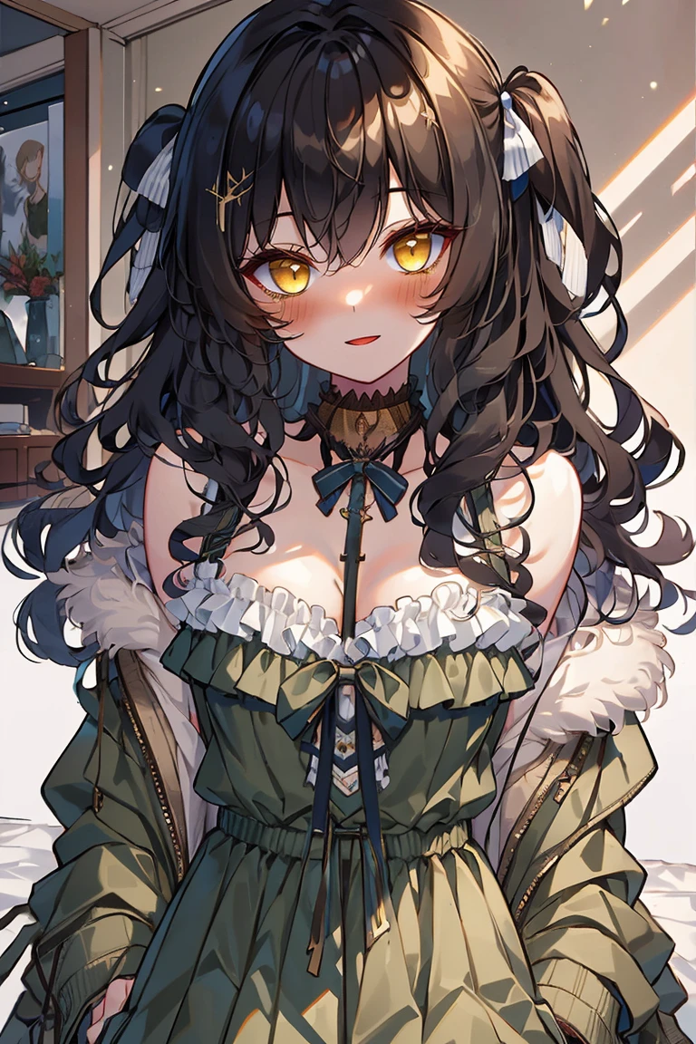 (masterpiece:1.2), (high quality:1.2), solo focus, girls with(((medium wavy hair, hair ribbon, one side up:1.54), black hair, bare shoulders, medium breasts, breasts, choker, cleavage, collar, collarbone, cowboy shot, dress, see-through sleeves, neck ribbon, blue clothes, frills shirt, fur, fur collar, fur trim, hooded jacket, hoodie, khaki jacket, green jacket, jacket, large breasts, long sleeves, belt, suspenders, open clothes, open hoodie, solo, winter clothes, zipper, upper body, hand up, waving, palm)), background with ((bedroom, room:2.0))