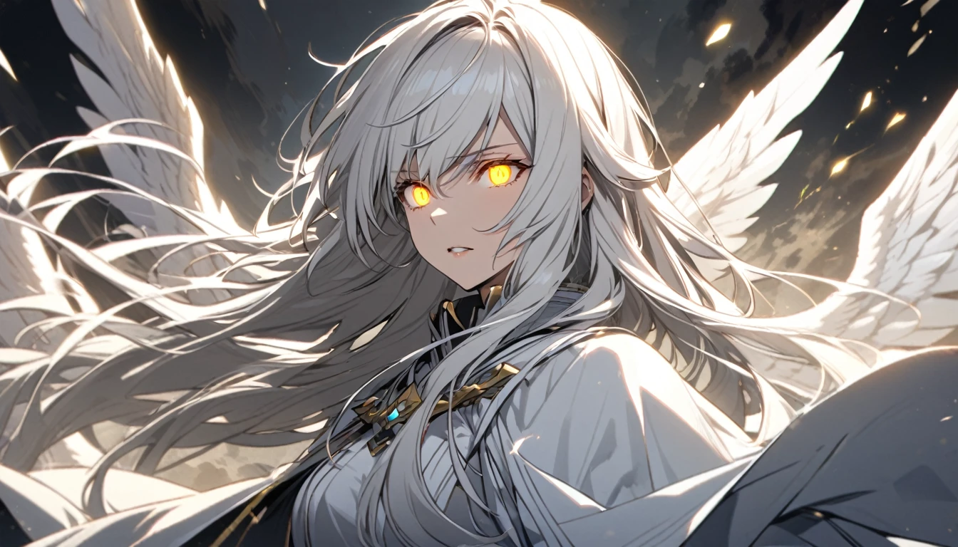Female, white hair, long hair, yellow eyes, adult, pretty, glowing eyes, white cloak, white wing angel,