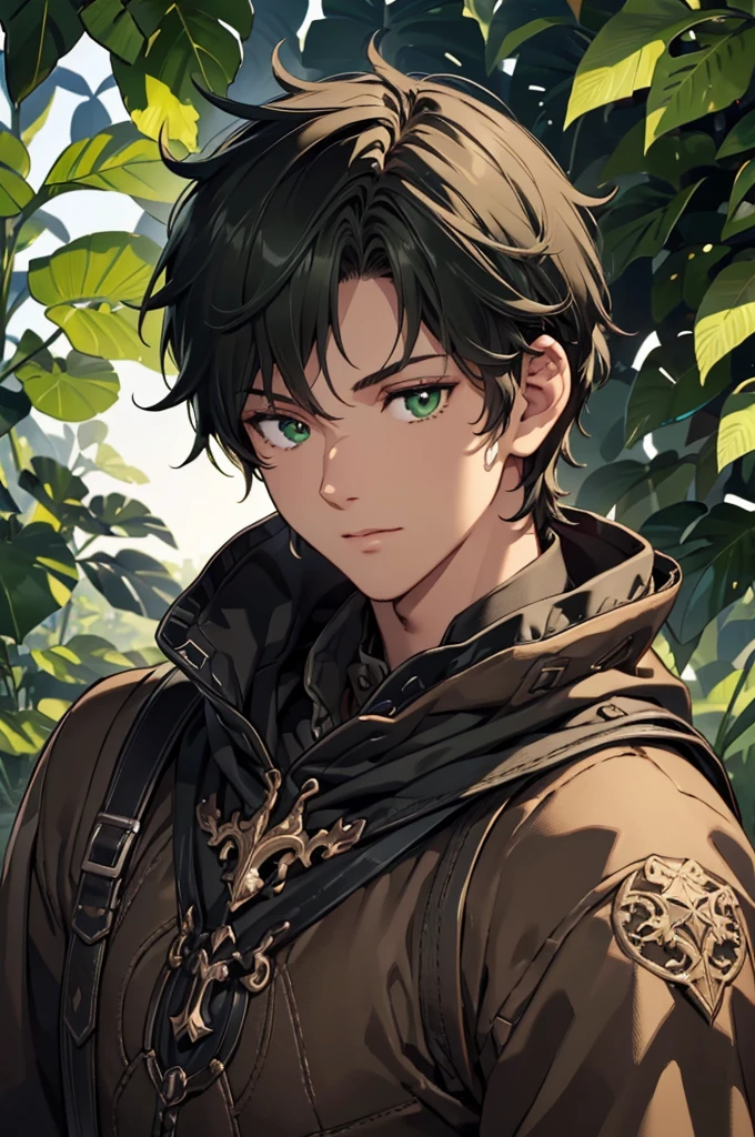 (Top quality details:1.22), 8K, High Resolution, Super detailed, High-quality texture, Intricate details, Detailed Texture, In detail, High detail, High Quality Shadows, Beautiful and kind eyes, Depth of written boundary, dark theme, 1boy, green eyes, black hair with green tips, adventuring gear, adult, male, tanned skin, brown skin