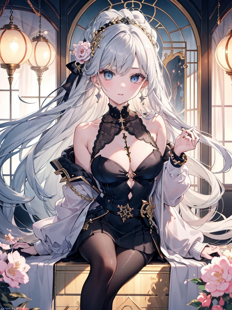 8k,High resolution RAW color art, Anime Art,Silver Marble Skin, (((Highly detailed elegant))), Detailed skin, texture,(Exquisitely crafted, The finer details, Ultra-detailed art), Depth of written boundary, Silky Touch, Hyper Detail, Orange Sky、Asahi, Cool face, Ivory Rose, eye shadow、(Highest quality:1.2, High detail, masterpiece:1.2, Best aesthetics), (1 Girl), Beautiful woman, Beautiful attention to detail, Beautiful lip detail, Highly detailed face, Delicate depiction of hair and eyes, Detailed Fashion, Blue sparkling eyes, Earrings, Slightly larger breasts,Full body depiction, ,Focus on the user、Stylish black off-shoulder top、Black above the knee skirt、Tights up to the knee、Thighs、Golden decoration, Black nails, Gray Hair, Golden bracelet, Long Straight Hair, Light blue outer color、Hair、Cherry Blossom、sweater、Matte