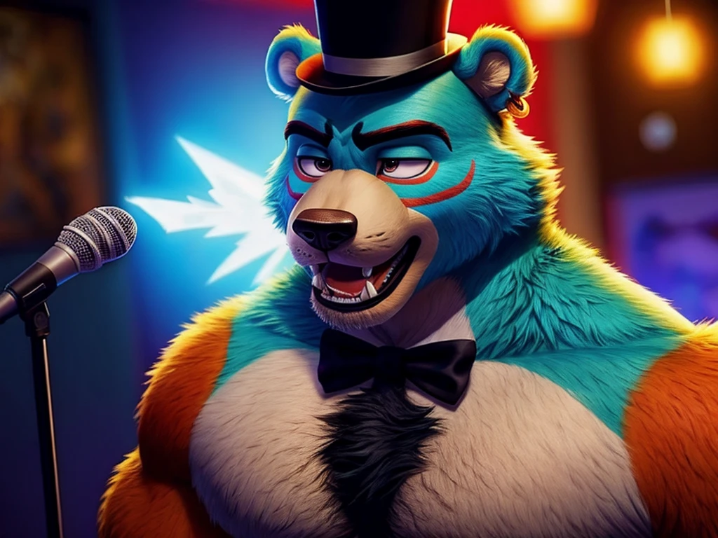 Glamrock Freddy is a bear Fazbear, he has a top hat, now with a thin blue stripe just above its brim. His microphone is now on a stand in which Glamrock Freddy holds, and is a more rectangular shape, A light blue stripe is seen in the center of his bottom jaw, Around Glamrock Freddy's eyes is sky blue face-paint, Glamrock Freddy's teeth also resemble those of real bears, including 4 sharp canine teeth. Additionally, he has a red earring on his left ear and a light blue lightning bolt on his chest, anthro bear, male, adult, orange fur, buffed body, sexy, beefy body, furred body, beautiful, furry chest hair, realistic, full body, photorealistic, ultra realistic, 8k, night, bare-chested