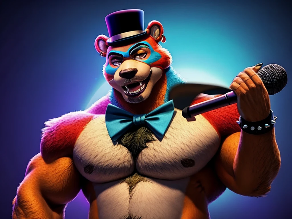 Glamrock Freddy is a bear Fazbear, he has a top hat, now with a thin blue stripe just above its brim. His microphone is now on a stand in which Glamrock Freddy holds, and is a more rectangular shape, A light blue stripe is seen in the center of his bottom jaw, Around Glamrock Freddy's eyes is sky blue face-paint, Glamrock Freddy's teeth also resemble those of real bears, including 4 sharp canine teeth. Additionally, he has a red earring on his left ear and a light blue lightning bolt on his chest, anthro bear, male, adult, orange fur, buffed body, sexy, beefy body, furred body, beautiful, furry chest hair, realistic, full body, photorealistic, ultra realistic, 8k, night, bare-chested