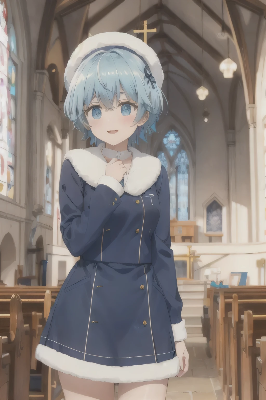 short hair,Blue Hair,Acting cute,church