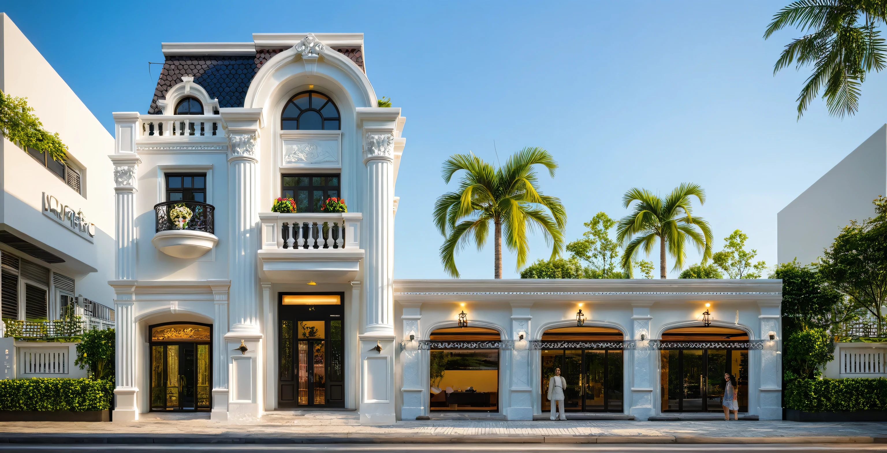 neo classical villa on street, (daylight), tropical tree, vivid colour, streetcapes, white tone, nice detail, white wall, large glass door, warm interior lighting, best quality, masterpiece, ultra realistic