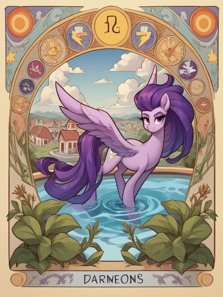 punctuation_9, punctuation_8_High above, punctuation_7_High above, fountain_Ponies, 1 girl, standing alone, pool, mature woman, portraite, elements of harmony,
Rainbow line, Pegasus, wings, light purple fur, dark purple mane, clouds, sky, uniforme dos Wonderbolts,
 art nouveau, stained glass, elements of harmony, confident, ssmile, glad, looking ahead at viewer