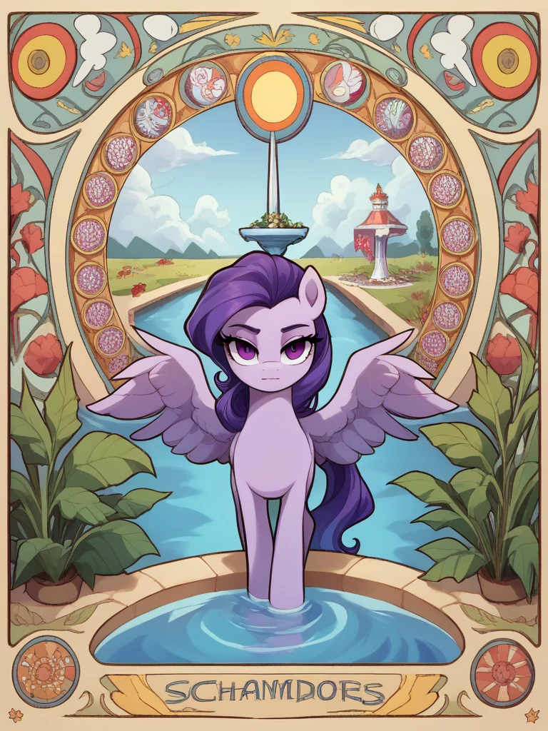 punctuation_9, punctuation_8_High above, punctuation_7_High above, fountain_Ponies, 1 girl, standing alone, pool, mature woman, portraite, elements of harmony,
Rainbow line, Pegasus, wings, light purple fur, dark purple mane, clouds, sky, uniforme dos Wonderbolts,
 art nouveau, stained glass, elements of harmony, confident, ssmile, glad, looking ahead at viewer