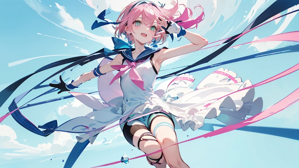 (((pink hair))) ,((green eye)), short hair, ((( short tale))),skinny body, mainly white and sky blue hem sundress,blue hairband,laugh with open mouth,((black long gloves)), (((blue sailor color))), (((blue thin neck ribbon))),one hair ribbon,((full body)),bike shorts,kneehighs