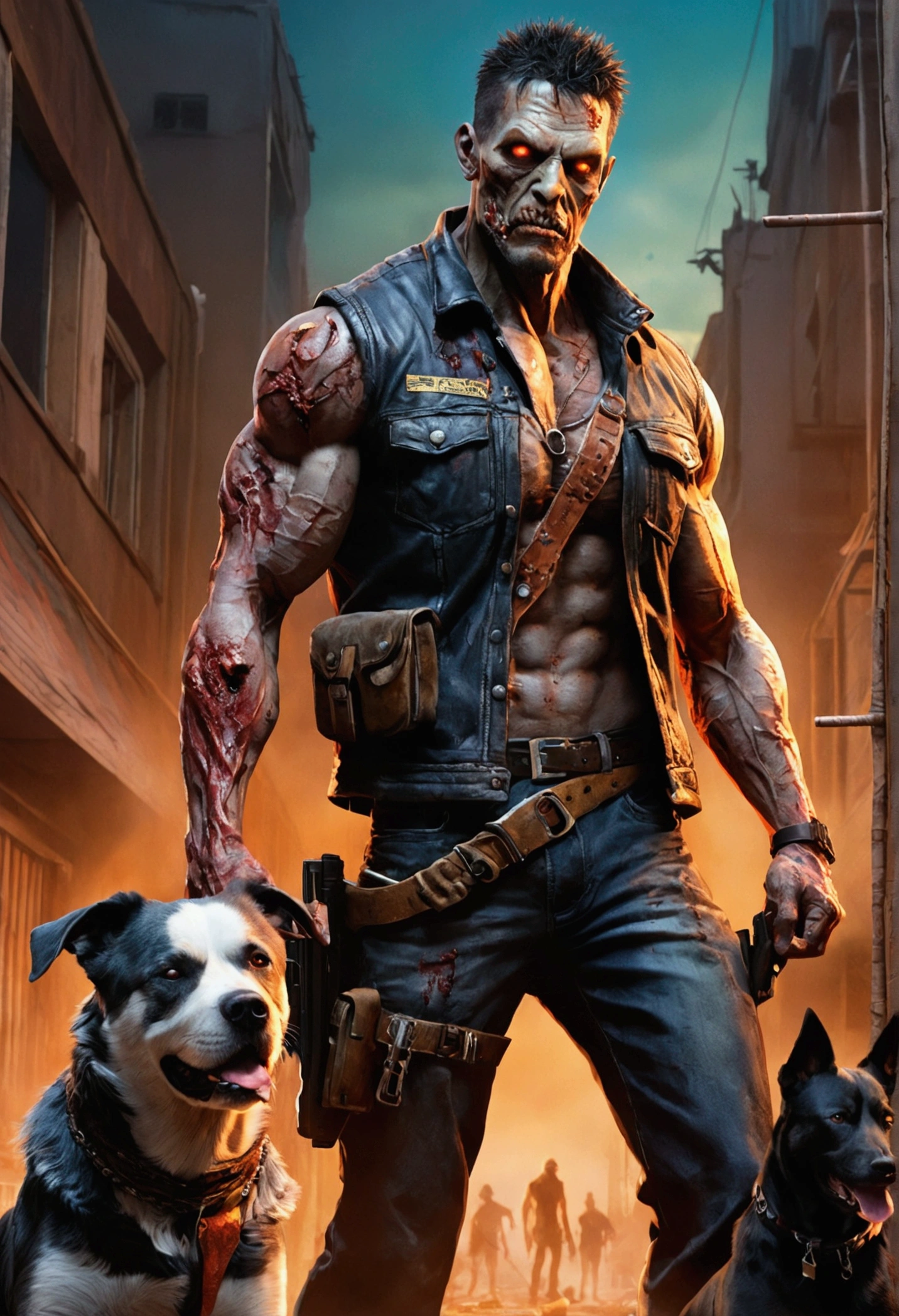color photo of a muscular zombie hunter, accompanied by his loyal dog companion, in a vivid and hyper-realistic manga style. The composition is reminiscent of dynamic magazine covers, with lurid colors that grab attention. The artwork is rendered in stunning resolutions of 4k and 8k, showcasing every ultra-detailed feature with photorealistic precision. The colors are vibrant, the lighting is dramatic, and the overall atmosphere exudes a moody and cinematic feel.
—ar 35:64 --estilizar 750 --v 6