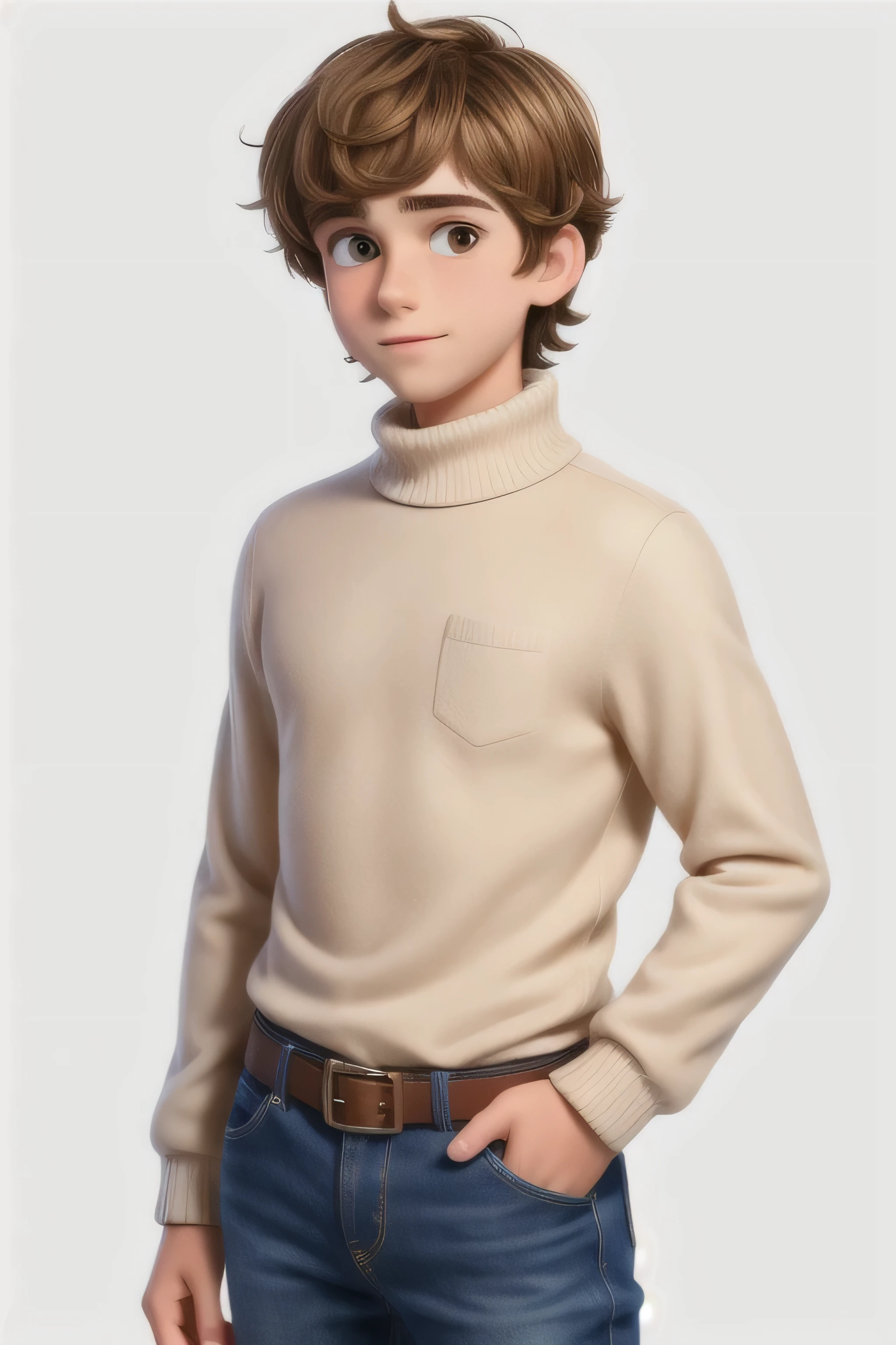 A 14 year old young man, With shaggy brown hair, nice face, Boxy face, And brown eyes, Wear a white turtleneck.,He puts his hand in his pocket
