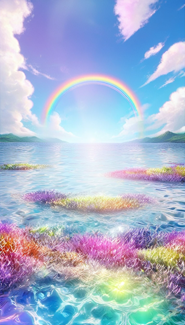 The rainbow-colored sea、Feel the summer、Highest quality, Super Fine, 16K, Incredibly absurd, Very detailed, delicate and dynamic, Multiple Translucency, Rainbow Magic Circle, ,, Prism special effects, mirror, illumination, Swirling dark aura, And beyond the universe,masterpiece.16K, Ultra-high resolution, Ultra-high resolution, to be born,wonderful ,future、Iridescent、The world 30 years from now。