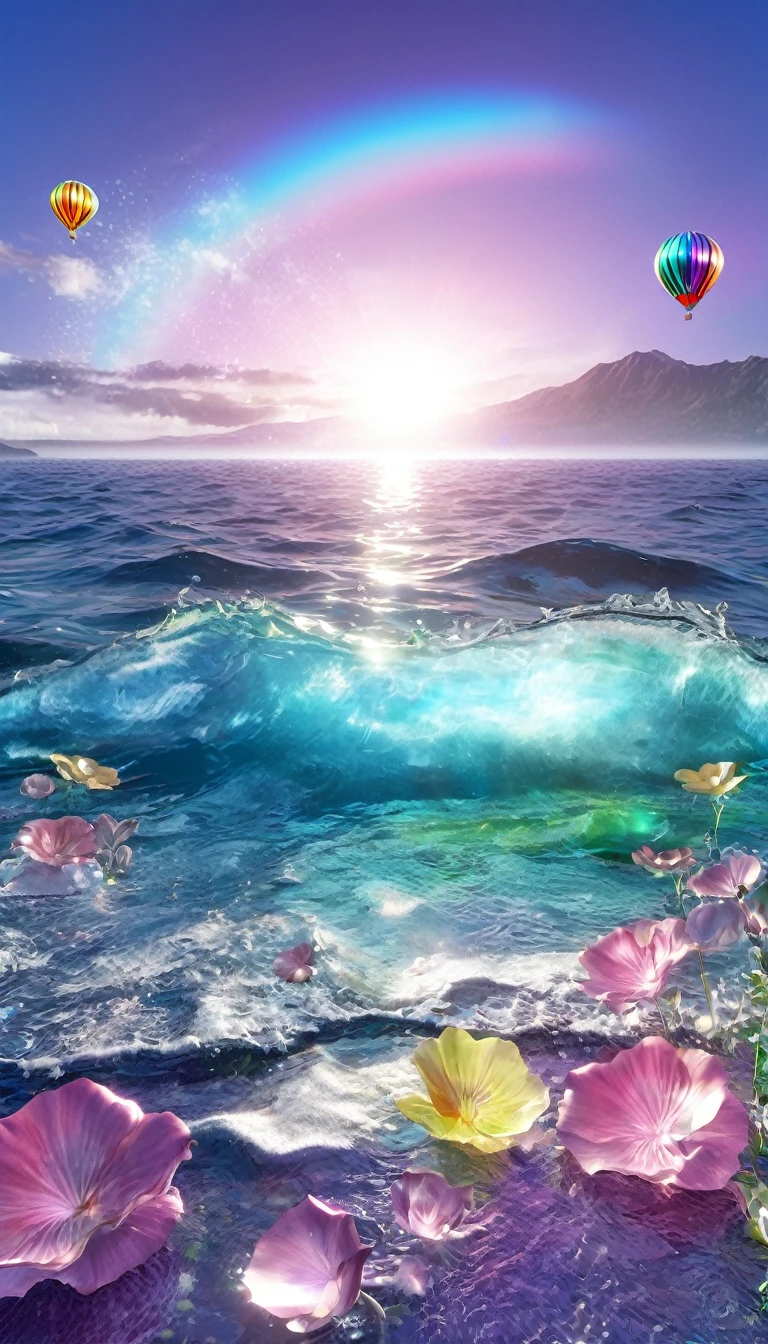 The rainbow-colored sea、Feel the summer、Highest quality, Super Fine, 16K, Incredibly absurd, Very detailed, delicate and dynamic, Multiple Translucency, Rainbow Magic Circle, ,, Prism special effects, mirror, illumination, Swirling dark aura, And beyond the universe,masterpiece.16K, Ultra-high resolution, Ultra-high resolution, to be born,wonderful ,future、Iridescent、The world 30 years from now。