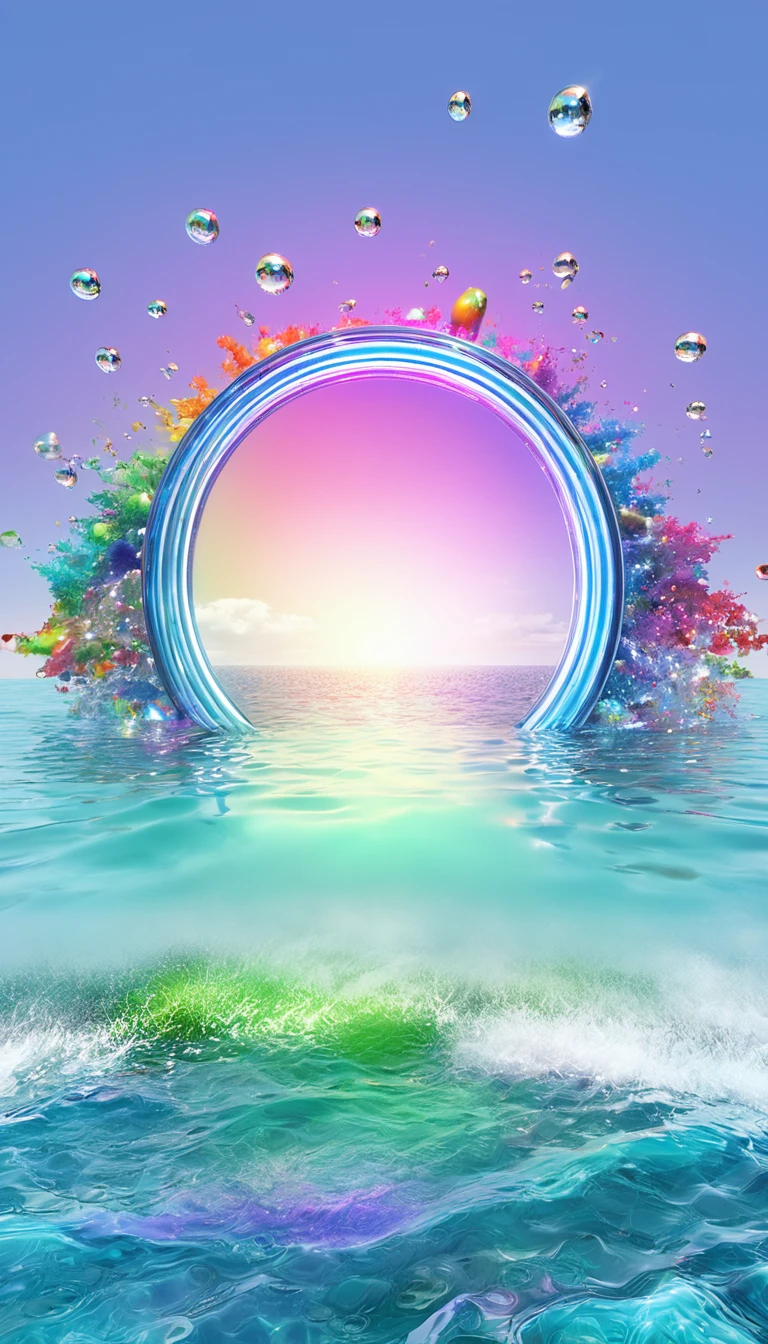 The rainbow-colored sea、Feel the summer、Highest quality, Super Fine, 16K, Incredibly absurd, Very detailed, delicate and dynamic, Multiple Translucency, Rainbow Magic Circle, ,, Prism special effects, mirror, illumination, Swirling dark aura, And beyond the universe,masterpiece.16K, Ultra-high resolution, Ultra-high resolution, to be born,wonderful ,future、Iridescent、The world 30 years from now。