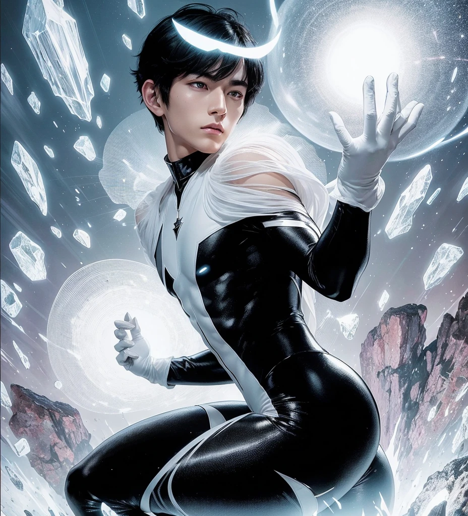 American classic comic book art: Mind Telepathy, handsome delicate ethereal young man, silky black short hair with bangs, tight black and white outfit with white fur collars, pointed ears, black tight leggings, long white gloves, emanating white energy, very young face boy Asian, ethereal male delicate body, Northstar Marvel, big city,butt, thighs, levitating crystals, magic light pink energy, white eyes, focus on face, classic comic book