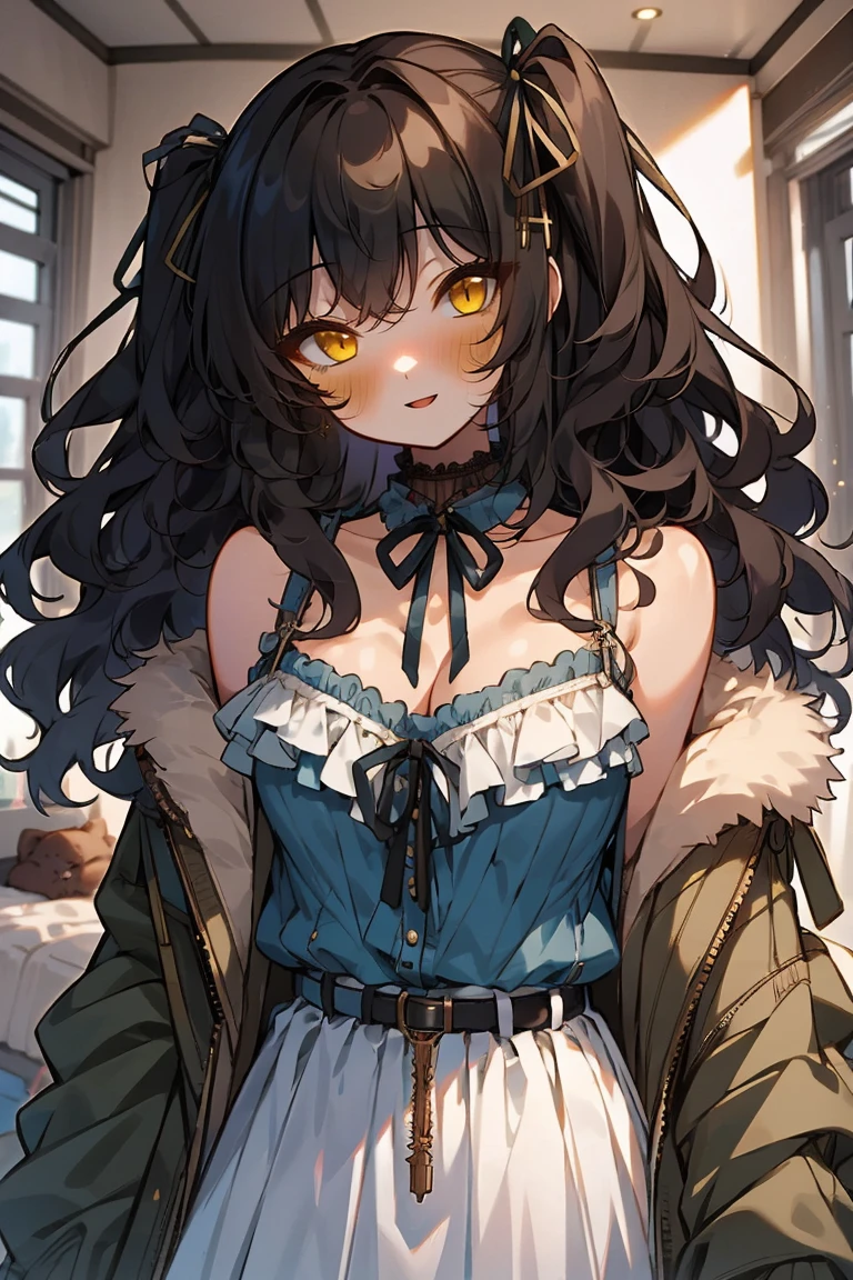 (masterpiece:1.2), (high quality:1.2), 1 girl, solo focus, girls with(((medium wavy hair, hair ribbon, one side up:1.54), black hair, bare shoulders, medium breasts, breasts, choker, cleavage, collar, collarbone, cowboy shot, dress, see-through sleeves, neck ribbon, blue clothes, frills shirt, fur, fur collar, fur trim, hooded jacket, hoodie, khaki jacket, green jacket, jacket, large breasts, long sleeves, belt, suspenders, open clothes, open hoodie, solo, winter clothes, zipper, upper body, hand up, waving, palm)), background with ((bedroom, room:2.0))