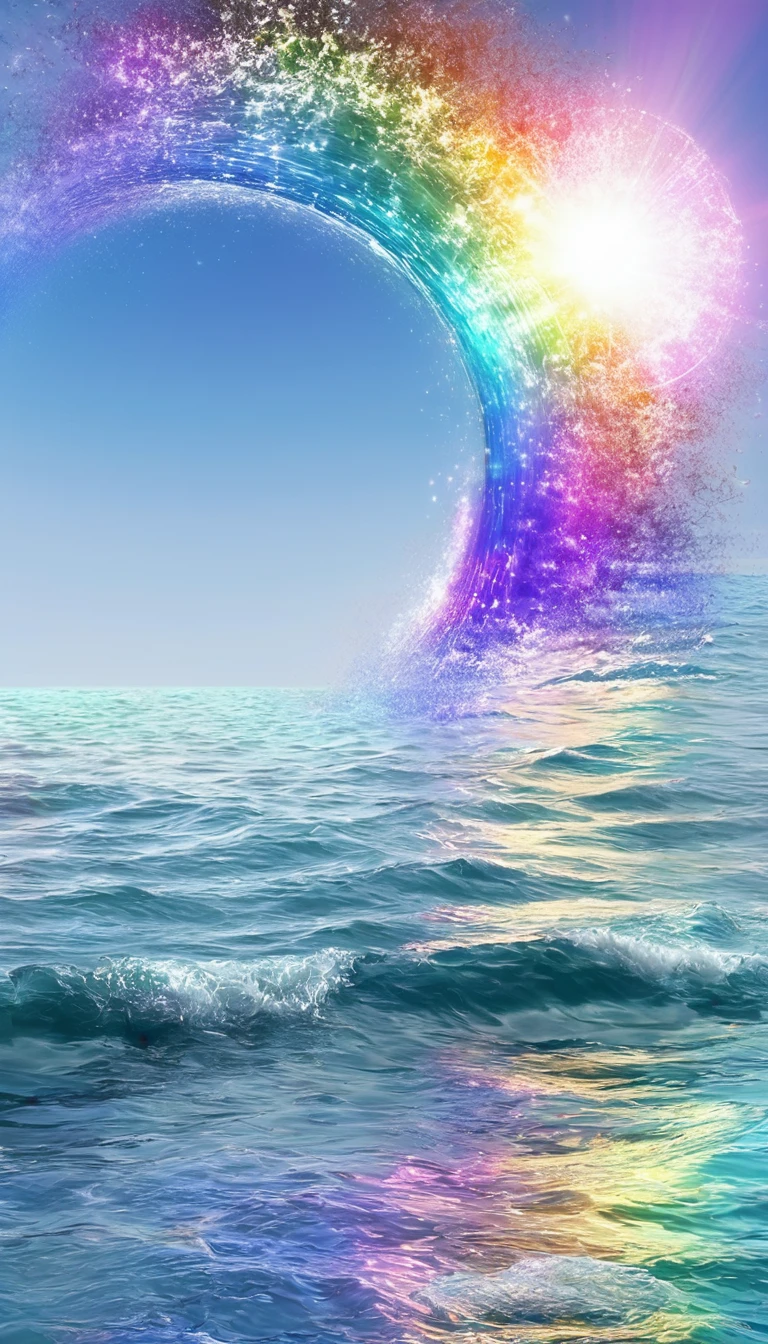 The rainbow-colored sea、Feel the summer、Highest quality, Super Fine, 16K, Incredibly absurd, Very detailed, delicate and dynamic, Multiple Translucency, Rainbow Magic Circle, ,, Prism special effects, mirror, illumination, Swirling dark aura, And beyond the universe,masterpiece.16K, Ultra-high resolution, Ultra-high resolution, to be born,wonderful ,future、Iridescent、The world 30 years from now。