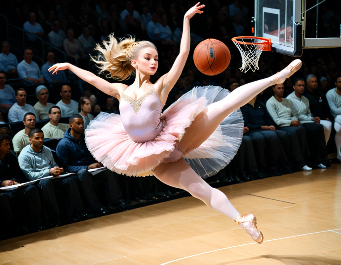 Arafed a sports capture picture of a beautiful ((ballet dancer: 1.5)),  (dunking at a basketball game: 1.3) at a basketball game, an exotic beautiful ballet dancer, blond hair, long hair, dynamic eyes color, concentrated look, determined look, best detailed face, dynamic skin color, wearing ballet clothes and shoes, and dunking, ultra wide shot, photorealistic, vibrant, Ultra-high resolution, High Contrast, (masterpiece:1.5), highest quality, Best aesthetics), best details, best quality, highres, ultra wide angle, 16k, [ultra detailed], masterpiece, best quality, (extremely detailed),
