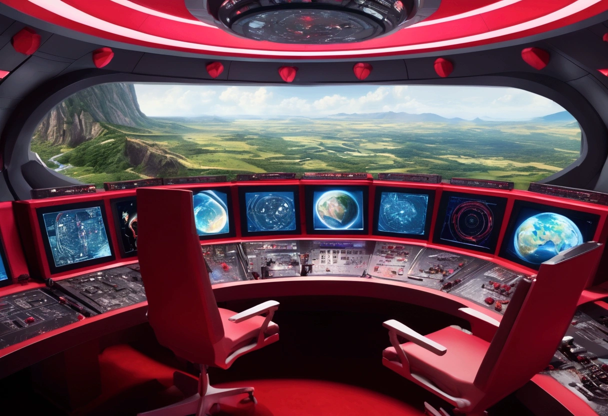 An incredible movie scene inside a large spaceship in third person A large panel stands out in the scene, full of commands, buttons, screens and hokograms about the Earth, this panel is in the control room of this spaceship that flies over a large valley with a field of abstract flowers in the shape of red hearts on thin stems is seen in the background through the large windows of the spaceship's control room