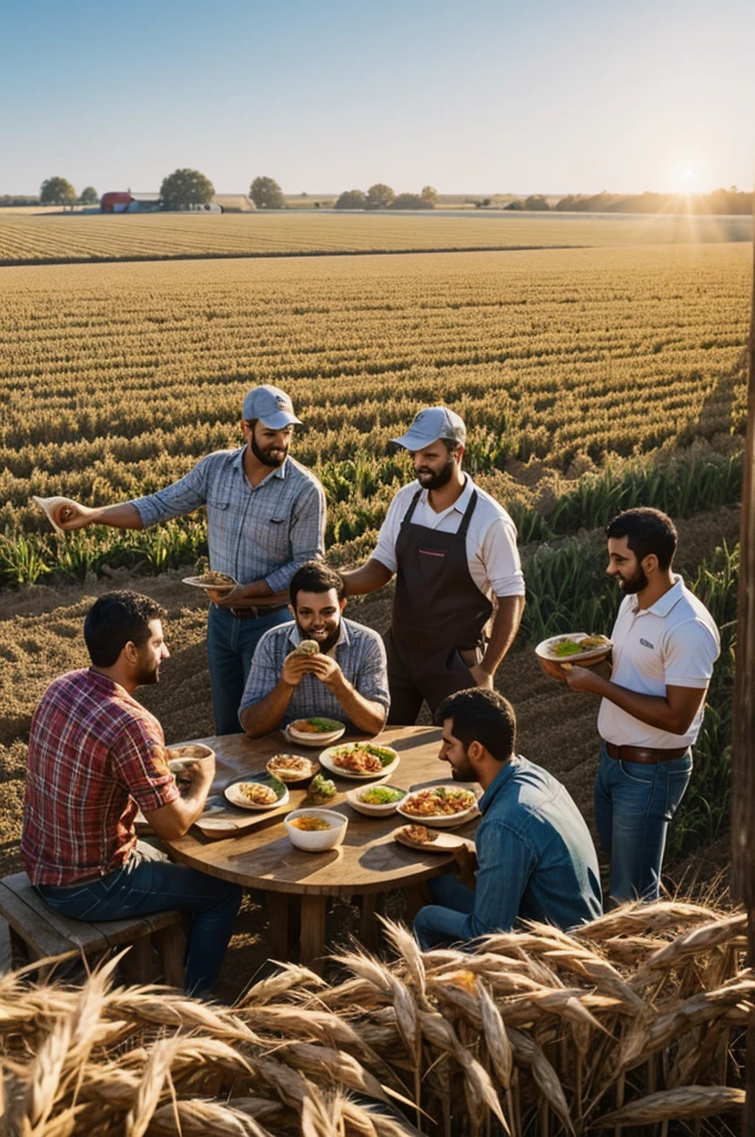 Farmers eating food in grain farm

