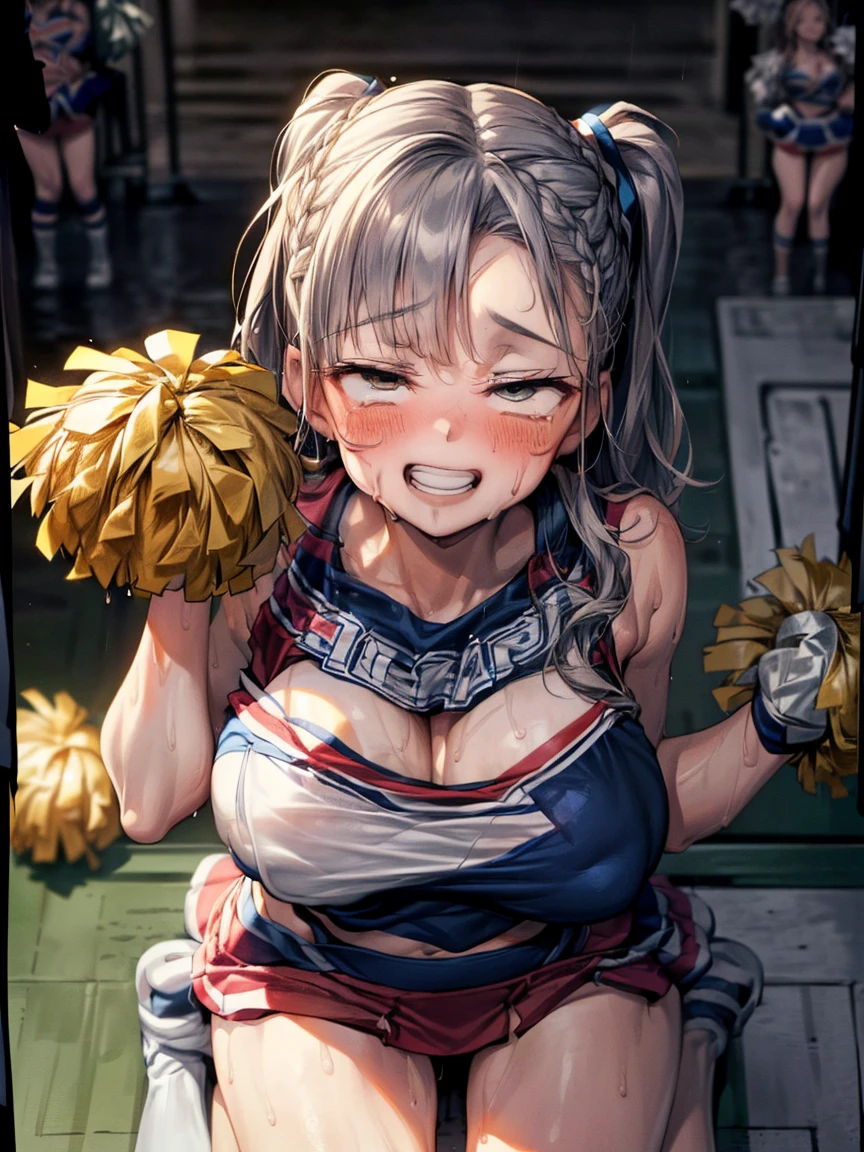(Very tiny girl rides guy perfectly:1.5)、(Petite girl riding:1.3)、(Big Breasts:2)、(eyes half closed:1.9)、(Grin:1.4)、(tears:1.2)、(The body shakes violently)、8k resolution、 ((Highest quality))、Anatomically correct、(Cheerleader:1.9)、((Hasselblad Photos))、[:(Detailed face:1.2):0.2]、(heavy rain:1.5)、(Sweaty:1.6)、((Top view:1.6))、(braid one's hair:1.5)、(Loss of strength from the body:1.3)、(呻吟)、(Jump:1.6)、((Surrounded by a lot of middle-aged men:1.6))、(Upper Body:1.9)、(Leaning forward:1.6)、(Groping the chest:1.6)、((kiss:1.6))、(Straddle a man and make a baby:1.8)
