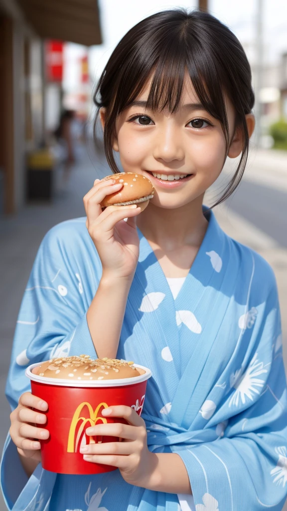 11 year old girl　Japanese　Light blue yukata　Realistic Skin　eating McDonald's Big Mac