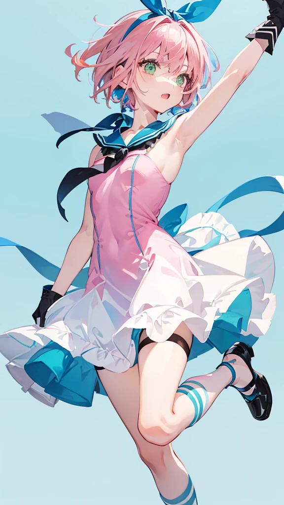 (((pink hair))) ,((green eye)), short hair, ((( short tale))),skinny body, mainly white and sky blue hem sundress,blue hairband,laugh with open mouth,((black long gloves)), (((blue sailor color))), (((blue thin neck ribbon))),one hair ribbon,((full body)),bike shorts,kneehighs