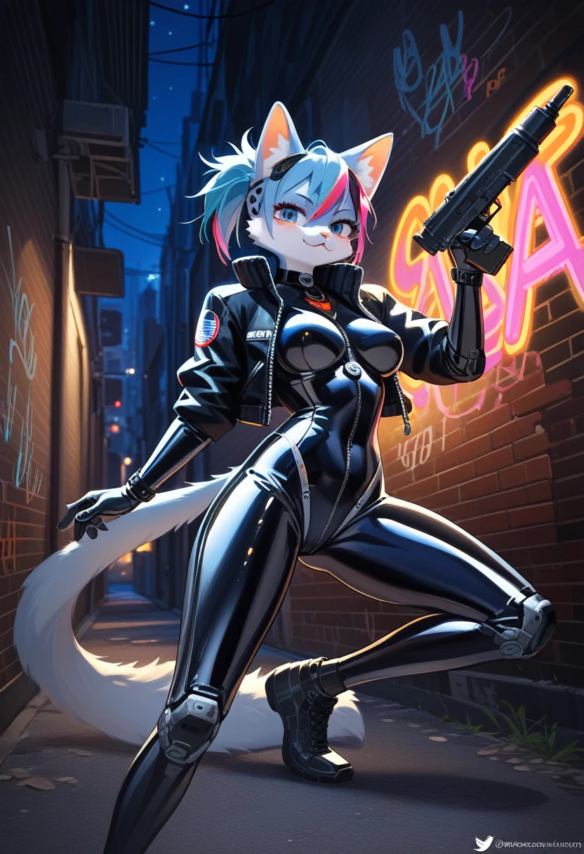 animation, Highest quality, Highest quality, High quality illustrations, masterpiece, Ultra-high resolution, Detailed Background, Alley, night, Graffiti art on the wall, Absurd, Perfect Anatomy, performance, Good lighting, Shadows in the movies(kemono, Furry PersonifiCation), Cat, woman, Blueskin, White Rubber Suit, latex, neon, neonライト, neonカラー, Bodysuits, Cyber Suit, Mech Suit, Rubber Half Jacket, cyber punk, Blade Runner, He has a gun in his right hand, Holding a blade in his left hand