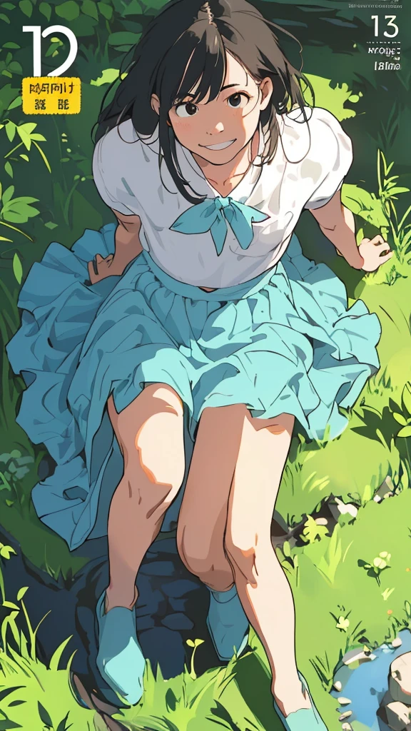 reasonable design, Clear lines, High Sharpness, (highest quality,8K,Perfect sharpness,Ultra fine,High resolution,masterpiece:1.2), Perfect Anatomy:1.5, Official Art, Illustrations that tell a story, (Whitish background:0. 9)、Body Positivity、More Mr.Physical expression、(Random and mischievous poses)、Perfect beauty、Perfect beautiful face、Strong winds、A rich expression、Dynamic composition、smile、Golden ratio composition、colorful、(Mr.Different angles and perspectives)、anime art、mini skirt、(Overcoming stereotypes)、 Glowing Skin、(Natural beauty)、smile、bangs、Straight Hair、(Soft and flowing hair)、(Rural Scenery)、(Nostalgic atmosphere)、Insert up to the thighs、(Playful and carefree)、(More Mr.Ethnic characters)、(innocent attitude)、(Sunny atmosphere)、Skirt flipped up、(Bright colors)、Belly button exposed、Beautiful Eyes、A skirt fluttering in the wind、Put it in to your feet、Some composition patterns、sensuous、Geometric pattern、emotional、Symposium cover、Angle from above、