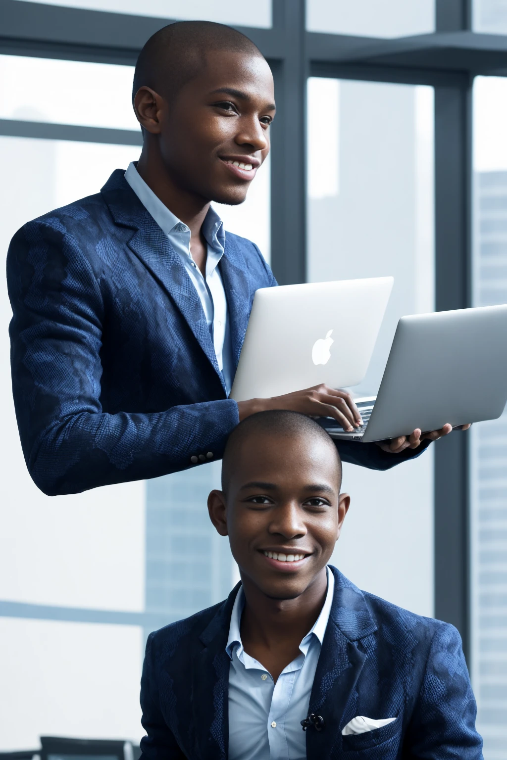 solo, one man, Black boy around 29 years old, good looking and smiling, buzz cut hairstyle, python programmer, inside an office, blue blazer, looking through glass windows, futuristic city, strategist look, laptop, apple laptop, cinematic, ultra realistic, highly detailed (masterpiece)