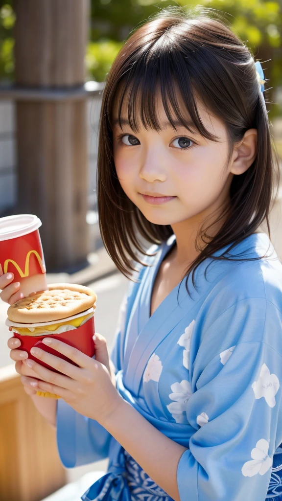 11 year old girl Japanese Light blue yukata Realistic Skin eating McDonald's Big Mac