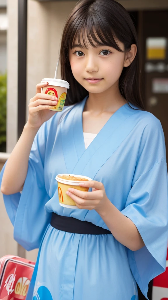 11 year old girl Japanese Light blue yukata Realistic Skin eating McDonald's Big Mac