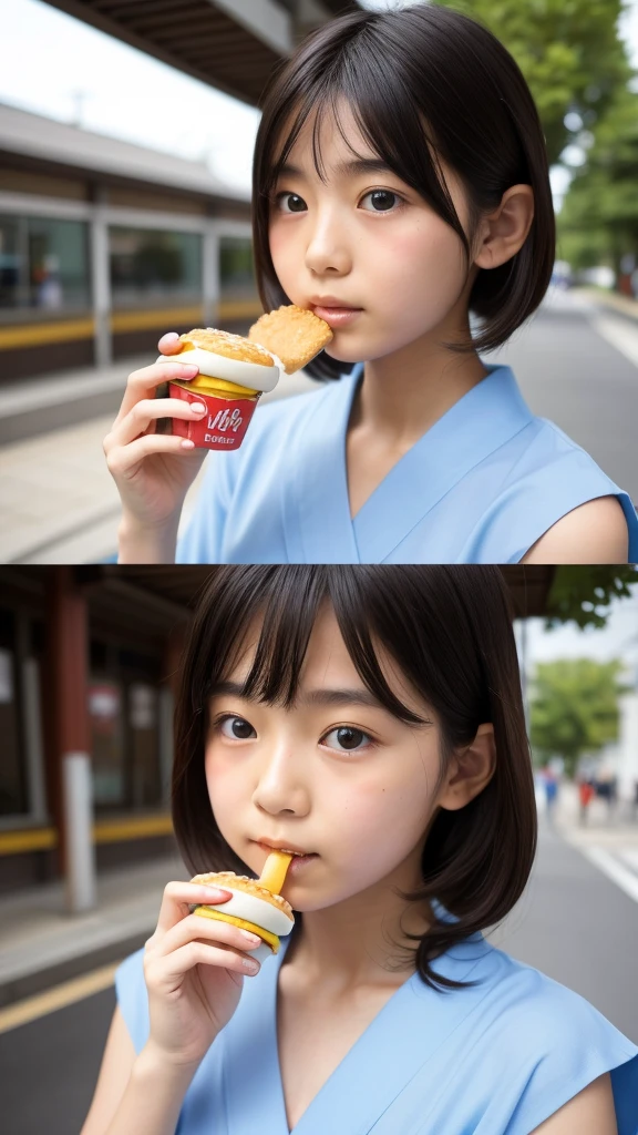 girl Japanese Light blue yukata Realistic Skin eating McDonald's Big Mac