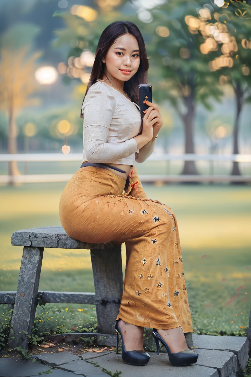 arafed asian woman in a satin dress, (((full body view:2))), ((pretty lady MoonLay:1.2)), (pretty lady MoonLay), ((((pretty lady MoonLay's innocent cute face and cute small smile:1.3)))), ((stylish seductive sitting pose with smartphone for photography:1.5)), ((wearing Myanmar traditional elegant and stylish affair:1.2)), ((((slim and voluptuous body figure)))), ((white top dress:1.5)), ((red satin skirt:1.5)), ((blue sandal high heel)), south east asian with square face, traditional beauty, beautiful asian girl, anime thai girl, a young beautiful asian woman, (((photorealistic background))), ((in a beautiful park with vibrant colorful trees background:1.5)), ((cinematic star shaped bokeh background blur:1.7)), (((photorealistic cloudy evening sky with golden sunlight15))), (cinematic enhance HDR portrait glow lighting))), perfect anatomy, cannon mark v, DSLR quality, (perfect anatomy), (perfect toes), (perfect hands), (realistic smartphone), perfect hands,