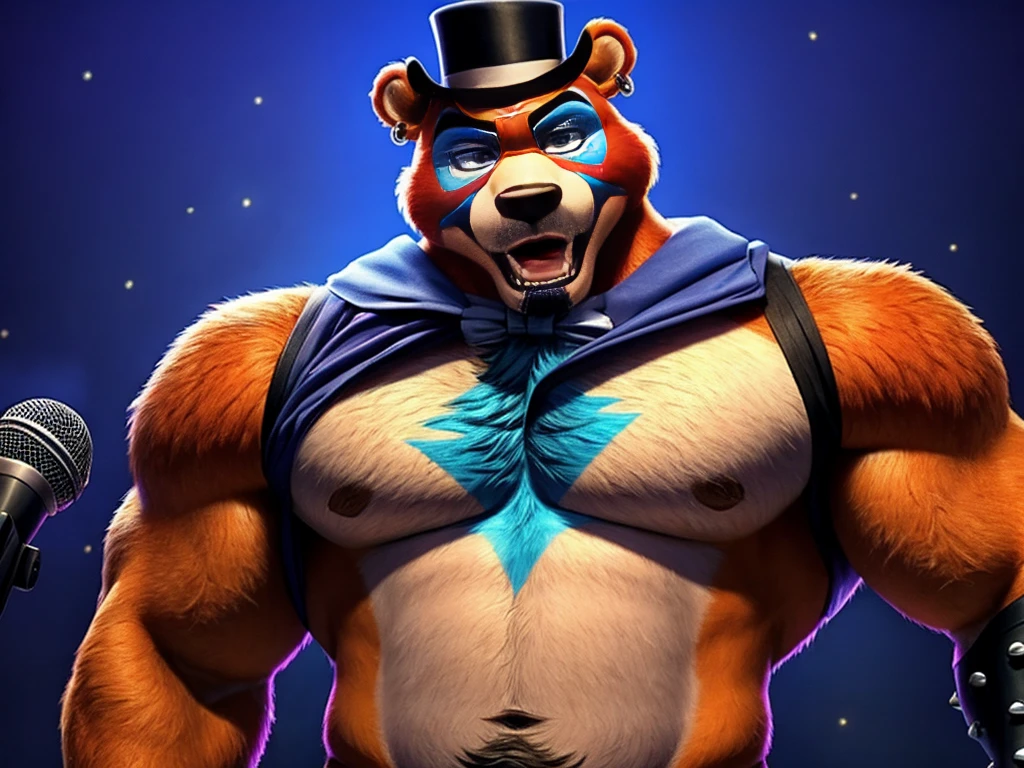 Glamrock Freddy is a bear Fazbear, he has a top hat, now with a thin blue stripe just above its brim. His microphone is now on a stand in which Glamrock Freddy holds, and is a more rectangular shape, A light blue stripe is seen in the center of his bottom jaw, Around Glamrock Freddy's eyes is sky blue face-paint, Glamrock Freddy's teeth also resemble those of real bears, including 4 sharp canine teeth. Additionally, he has a red earring on his left ear and a light blue lightning bolt on his chest, anthro bear, male, adult, orange fur, buffed body, sexy, beefy body, furred body, beautiful, furry chest hair, realistic, full body, photorealistic, ultra realistic, 8k, night, bare-chested