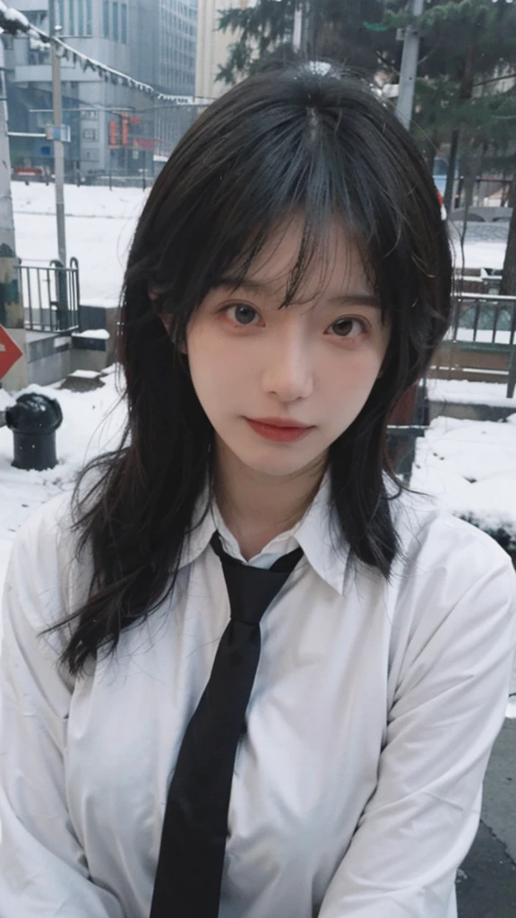 Best quality,masterpiece,Ultra-high resolution,snow,16K,Snow background,(Photo Realism:1.4),1 Girl,JK,Sexy,(Shirt and Tie:1.2),(Big breasts:1.3),(Upper body:1.4)