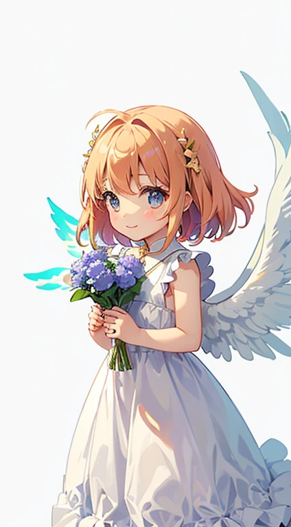 Little Angel, Chibi Style, have angel wings, A kind smile, Holding flowers, vintage long dress、Colorful Dresses, Isolated on a white background, Show whole body