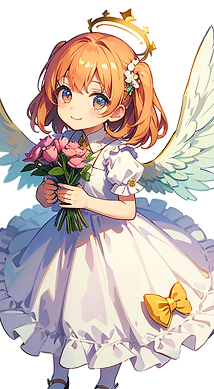 Little Angel, Chibi Style, have angel wings, A kind smile, Holding flowers, vintage long dress、Colorful Dresses, Isolated on a white background, Show whole body