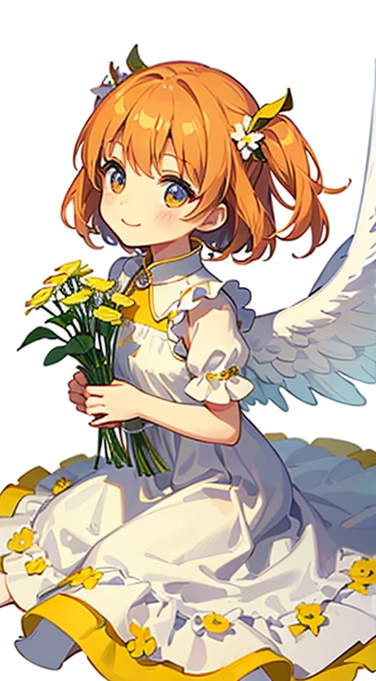 Little Angel, Chibi Style, have angel wings, A kind smile, Holding flowers, vintage long dress、Colorful Dresses, Isolated on a white background, Show whole body