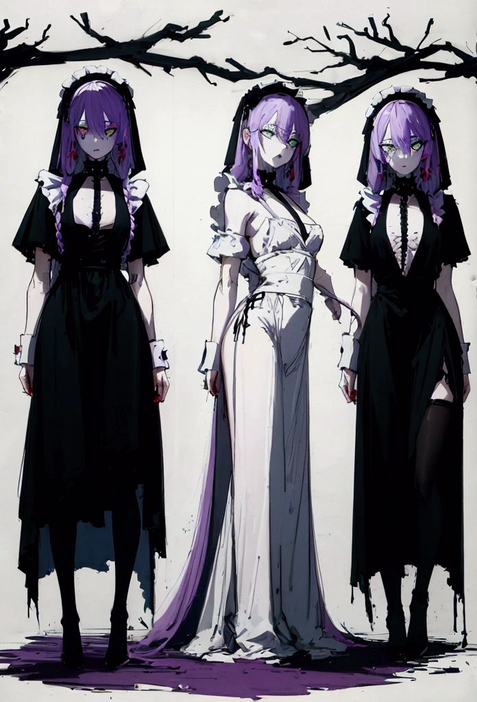sketch (Character design sheet, same characters, whole body, Three-View, front, ~ ~ ~ ~ side, return),(Very bright:1.1), Sunset background, [1 Girl:7], (Tilt your head:1.2), ([sketch|watercolor \(Moderate\)]:1.15),Chaotic Abstractionな背景, Vector Trace, グラデーションブレンディング and whole body, Artistic elements add depth to the work. The overall atmosphere is creepy and nightmarish...., With a unique artistic touch. This movie is、The dark and crazy world of horror movies depicted in HD., Evoke visual stimuli and aesthetic sense, that will terrify and excite the audience....,watercolor画, （Lightless, Eyes without highlights, evil eye, An ugly person with white eyes, that&#39;Red eyeliner）,whole body絵, Wearing a maid outfit （Gradient braided hair, (Light purple hair), (Ink blotches:1.1), (pale:1.2),(Light purple:1.2),(Light green:1.2)　Adult features,expensive, Wearing black tights,Green Eyes, The skin is hidden　and maid, The background is a dark and desolate landscape, Horror movie atmosphere. Her figure is very beautiful, Emphasizing the dark and crazy elements. Skillfully expressing the effects of light and shadow, detailed, The face and expression of the black costume are also carefully drawn....,sketch (Character design sheet, same characters, whole body, Three-View, front, ~ ~ ~ ~ side, return) 1 female, Nervous,Cowboy Shot,,(Very bright:1.1), White Background, [1 Girl:7], (Tilt your head:1.2), ([sketch|watercolor \(Moderate\)]:1.15),Chaotic Abstraction